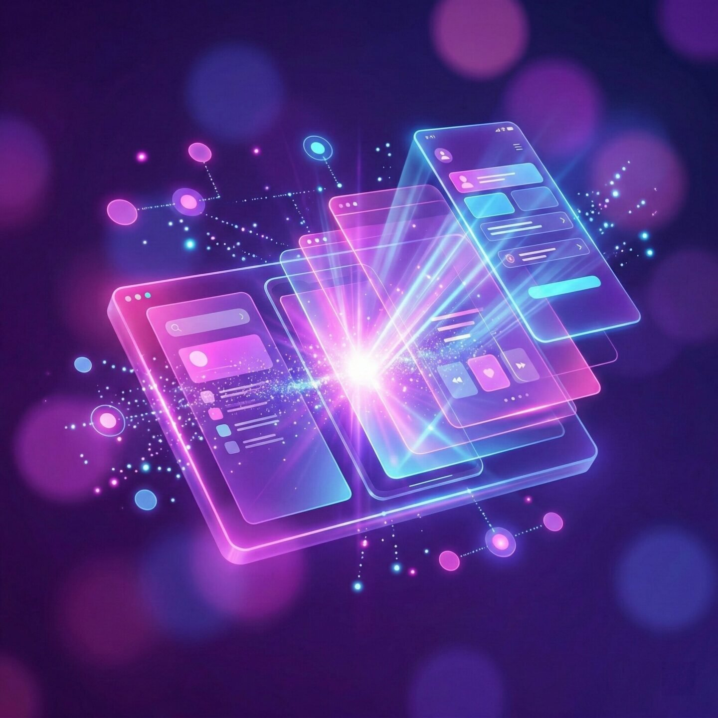 Uma ilustração digital 3D de alta tecnologia mostrando uma interface de aplicação futurista a ser construída por feixes de luz roxos e azuis. O design apresenta elementos flutuantes de UI, ícones de inteligência artificial e conexões de dados brilhantes num ambiente escuro e tecnológico. Representa a criação de software moderno através de IA, com uma estética limpa e profissional.