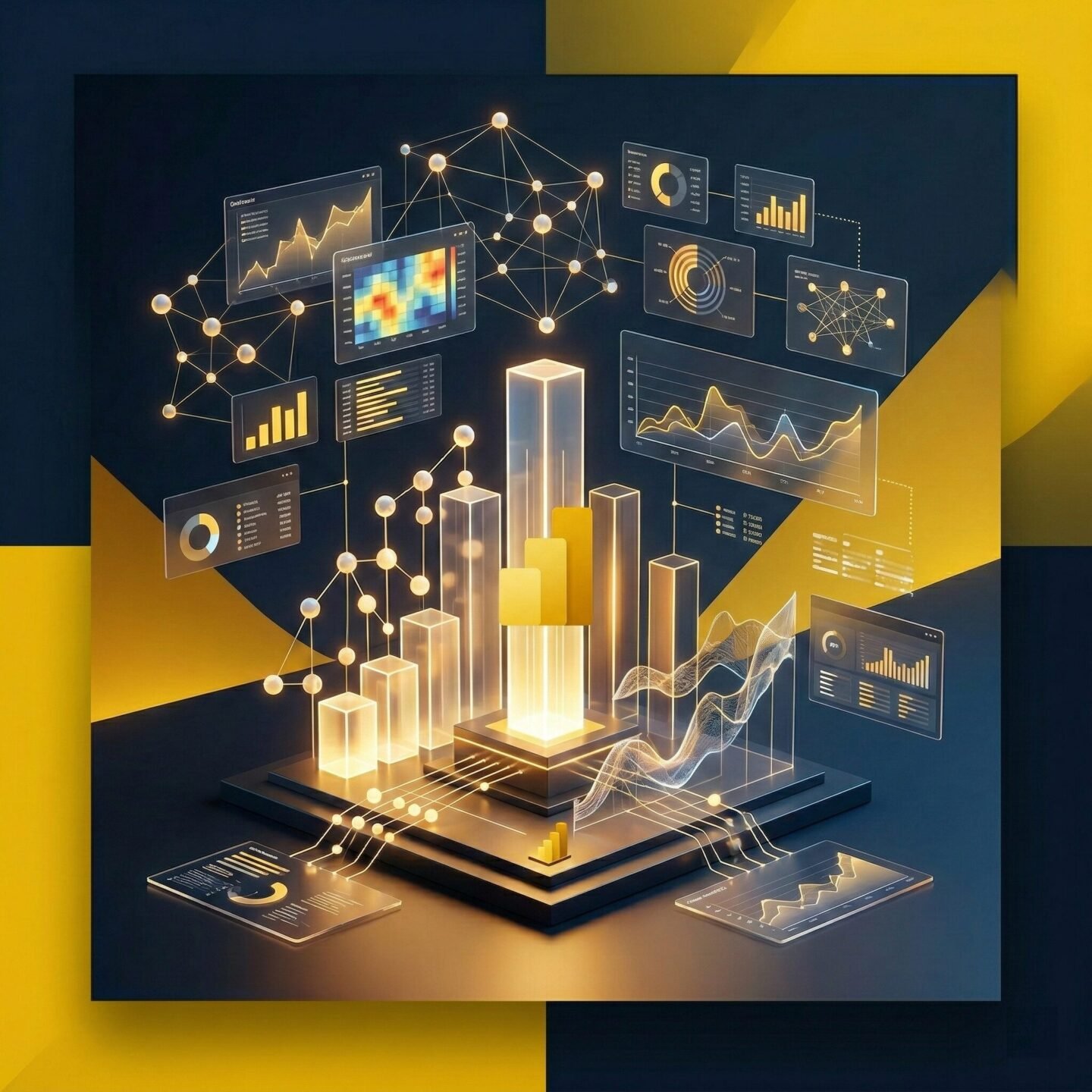 Uma ilustração 3D isométrica sofisticada de uma plataforma de análise de dados futurista e brilhante. Apresenta elementos de cristal e ouro brilhantes formando gráficos de barras dinâmicos e redes conectadas em uma base geométrica escura. Várias telas de exibição transparentes e flutuantes mostram uma gama de visualizações de dados, incluindo gráficos de linhas, gráficos de pizza e mapas de rede, ilustrando a clareza e o insight derivados de análises avançadas. A paleta de cores é composta por ouro quente e azul corporativo profundo, com toques de amarelo geométrico no fundo.